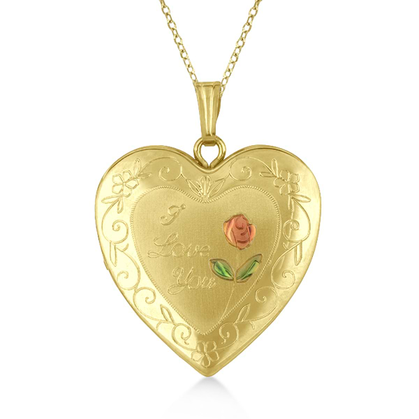 Hand Engraved I Love You Heart & Flower Pendant Locket Gold Vermeil