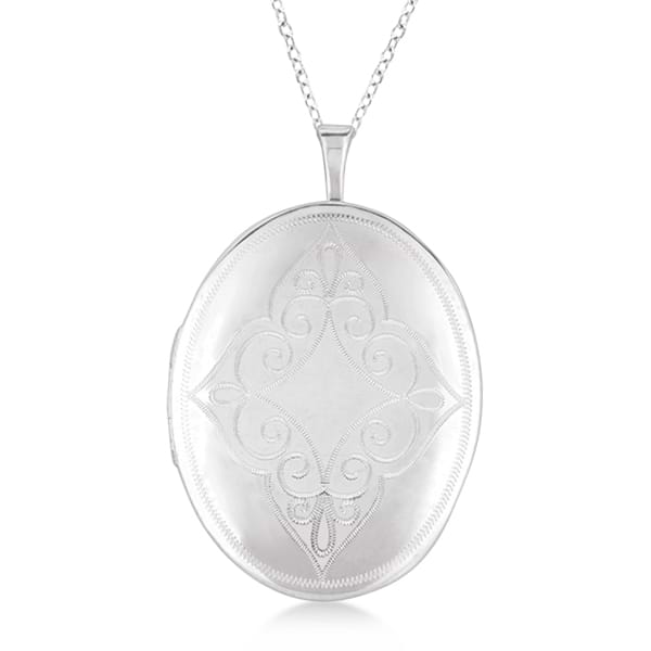 Antique Style Oval Milgrained Edge Locket Necklace Sterling Silver