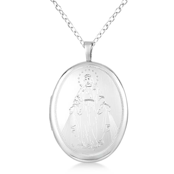 Oval Locket Pendant Necklace Hand Engraved Virgin Mary Sterling Silver