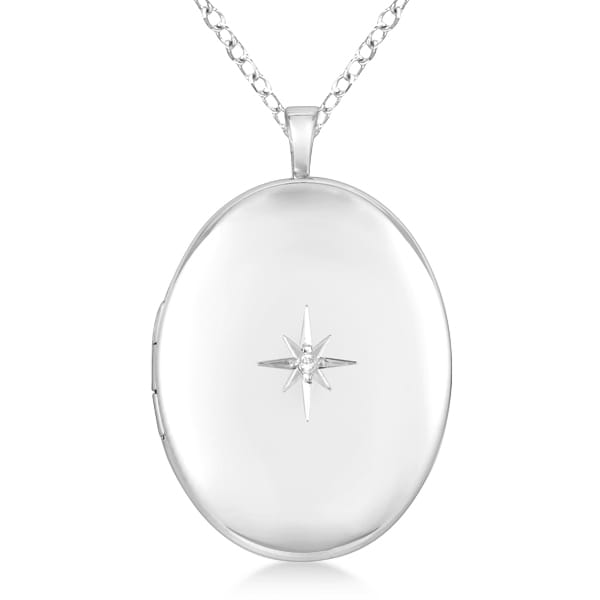 Large Sterling Silver Oval-Shaped Diamond Locket Necklace (0.01ct.)