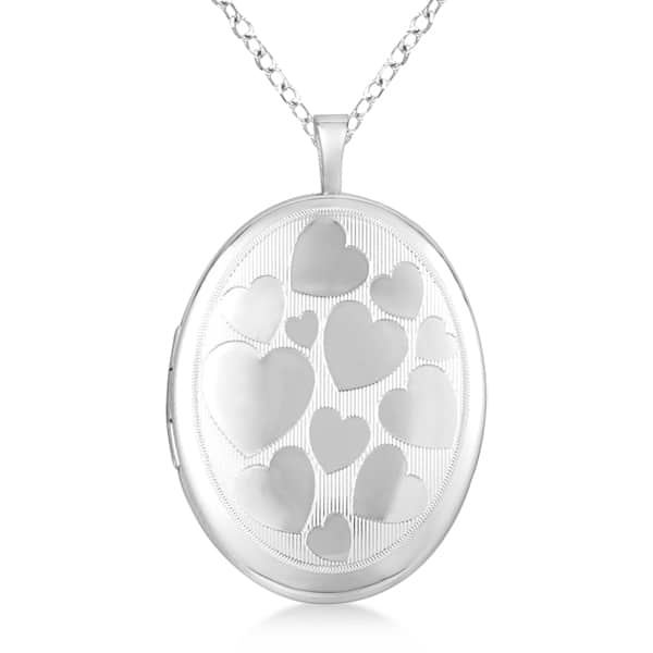 Hand Engraved Oval Photo Locket Necklace Hearts Design Sterling Silver