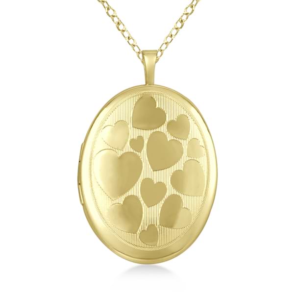 Hand Engraved Oval Photo Locket Necklace Hearts Design Gold Vermeil