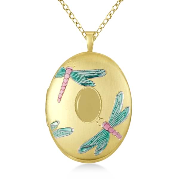 Oval Shaped Locket Pendant Colored Dragonflies Design Gold Vermeil