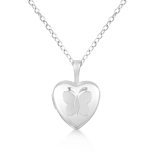 Heart Shaped Photo Locket Pendant Butterfly Engraving Sterling Silver