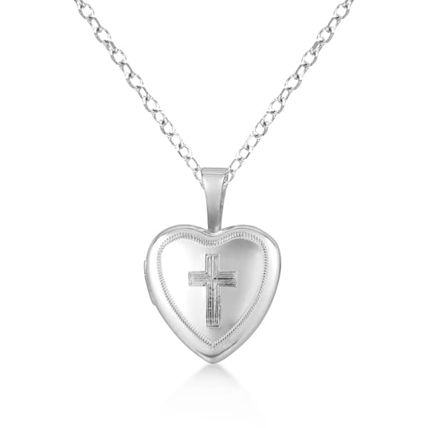Heirloom Heart Shaped Locket Pendant w/ Cross Sterling Silver
