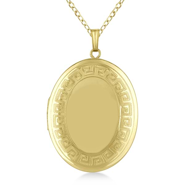 Oval Heirloom Necklace Locket w/ Greek Key Border Gold Vermeil