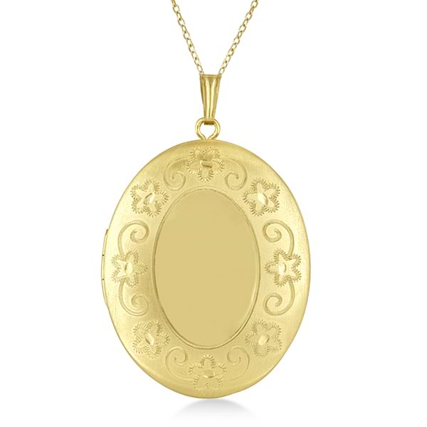 Oval Necklace Pendant Locket w/ Flower Engraving Gold Vermeil