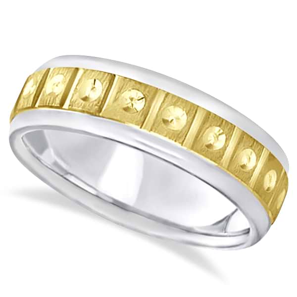 Satin Finish Fancy Carved Wedding Ring For Men 14k Two Tone Gold (7mm)