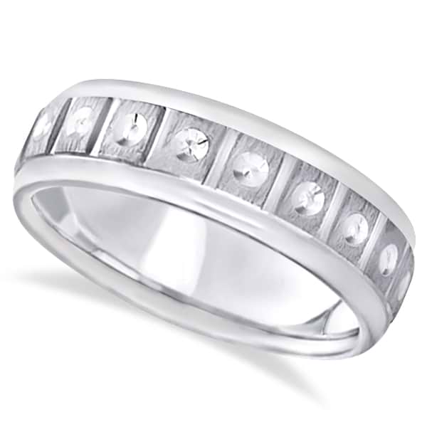 Satin Finish Fancy Carved Wedding Ring For Men 18k White Gold (7mm)