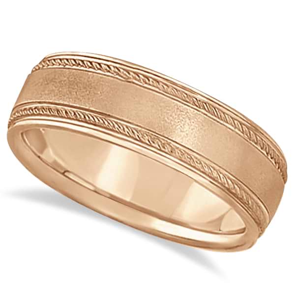 Matt Finish Men's Wedding Ring Milgrain 14k Rose Gold (7mm)