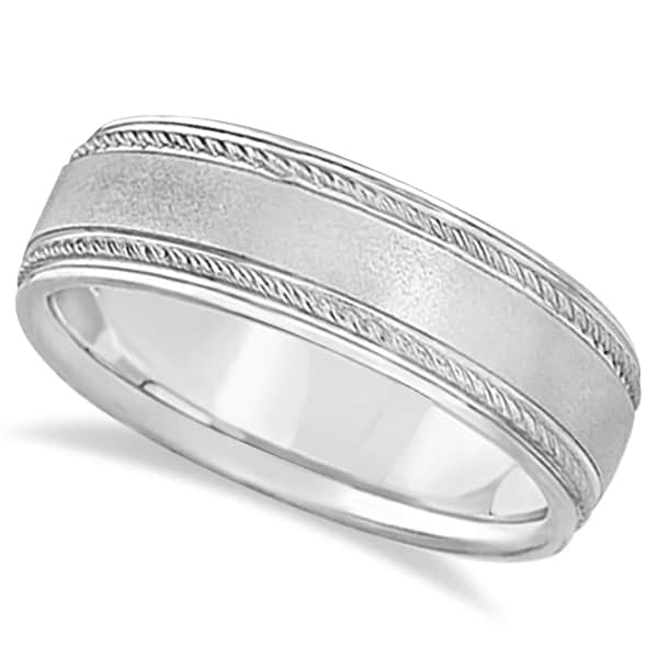 Matt Finish Men's Wedding Ring Milgrain 14k White Gold (7mm)