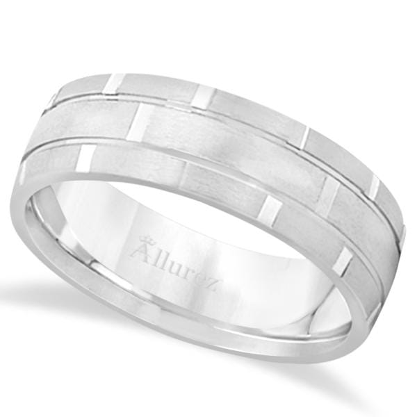 Contemporary Carved Mens Unique Wedding Ring 14k White Gold (6mm)