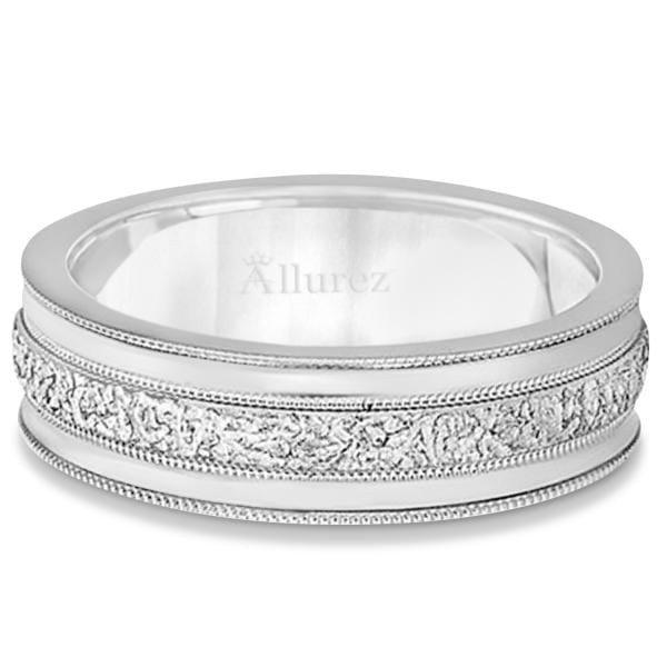 Carved Men's Wedding Ring Diamond Cut Band 14k White Gold (7 mm)