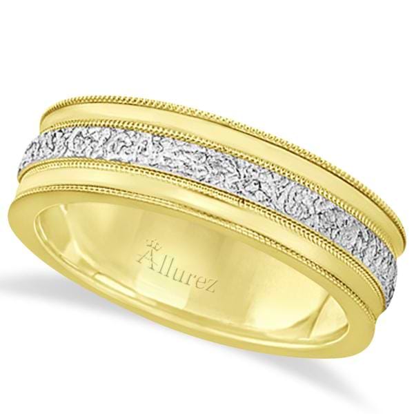 Carved Men's Wedding Ring Diamond Cut Band 14k Two Tone Gold (7 mm)