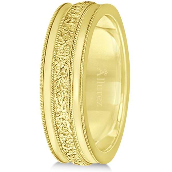 Carved Men's Wedding Ring Diamond Cut Band 14k Yellow Gold (7 mm)
