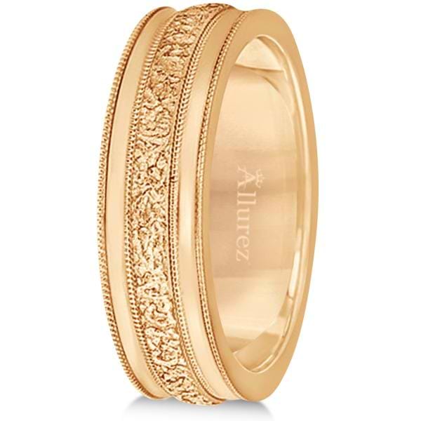 Carved Men's Wedding Ring Diamond Cut Band 18k Rose Gold (7mm)