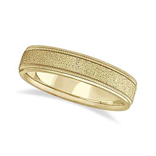Mens Diamond Cut Carved Wedding Ring Stone Finish 18k Yellow Gold (5mm)