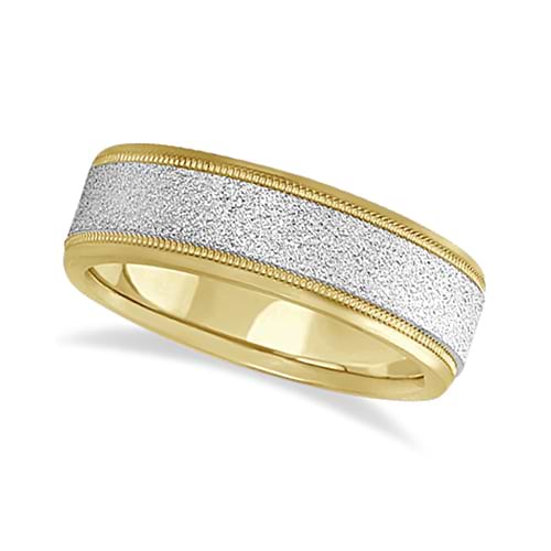 Mens Diamond Cut Carved Wedding Ring Stone Finish 14k Two-Tone Gold (7mm)