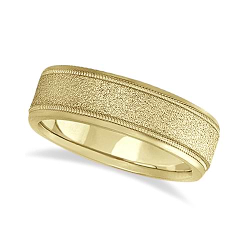 Mens Diamond Cut Carved Wedding Ring Stone Finish 14k Yellow Gold (7mm)