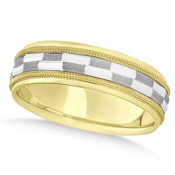 Carved Checkered Wedding Band Plain Metal 14k Two Tone Gold 7mm