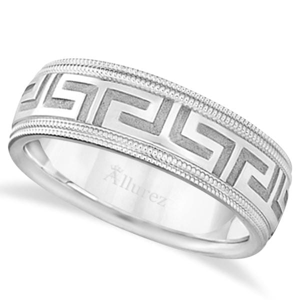 Men's Greek Key Wedding Ring with Milgrain Edges 14k White Gold (7mm)