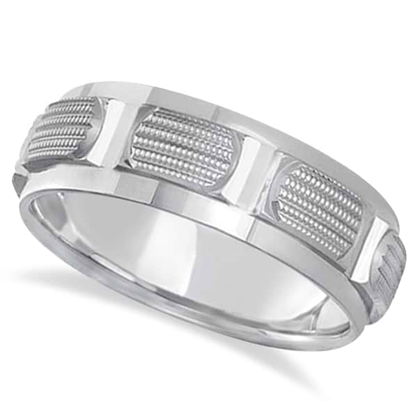 Unusual Wedding Ring Contemporary Carved Band 14k White Gold (5mm)