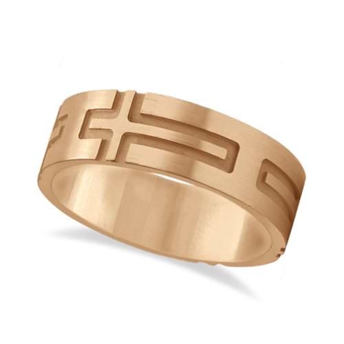 Mens Carved Wedding Ring Band Cross Shape Design 18k Rose Gold (7mm)