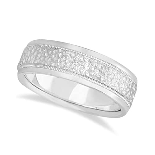 Men's Diamond Cut Inlay Carved Wedding Band 18k White Gold (7mm)