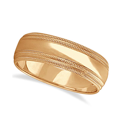 Mens Shiny Double Milgrain Wedding Ring Wide Band 14k Rose Gold (7mm)