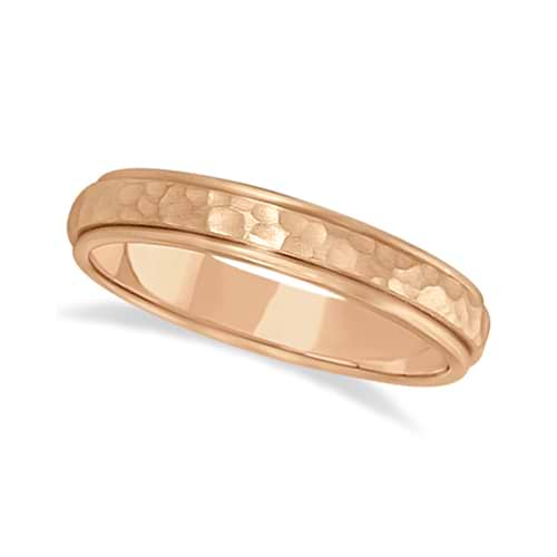 Satin Hammered Finished Carved Wedding Ring Band 14k Rose Gold (4mm)