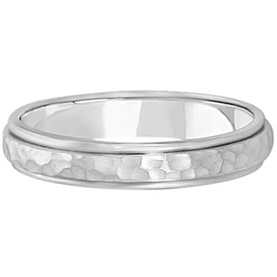 Satin Hammered Finished Carved Wedding Ring Band 14k White Gold (4mm)