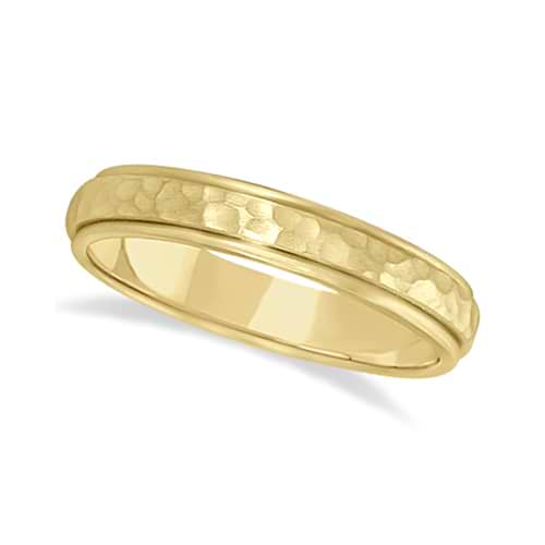 Satin Hammered Finished Carved Wedding Ring Band 14k Yellow Gold (4mm)