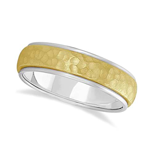 Mens Satin Hammer Finished Wedding Ring Wide Band 14k Two-Tone Gold (6mm)