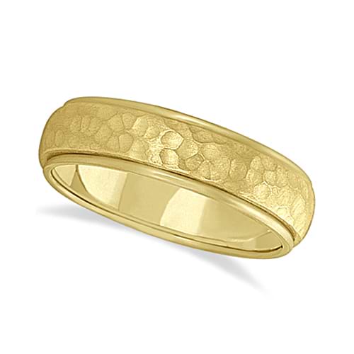 Mens Satin Hammer Finished Wedding Ring Wide Band 14k Yellow Gold (6mm)