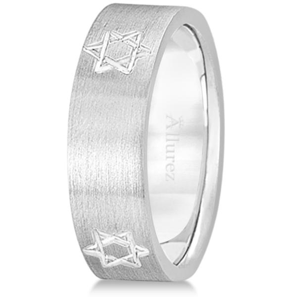 Jewish Star of David Mens Carved Wedding Ring Band 14k White Gold (7mm)