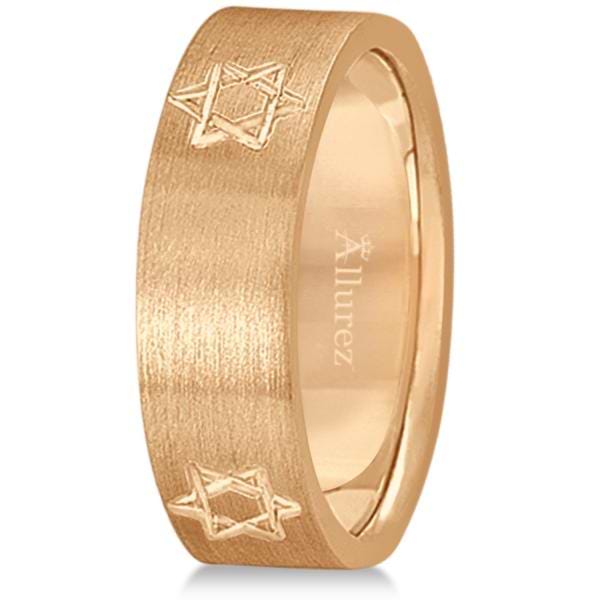 Jewish Star of David Mens Carved Wedding Ring Band 18k Rose Gold (7mm)
