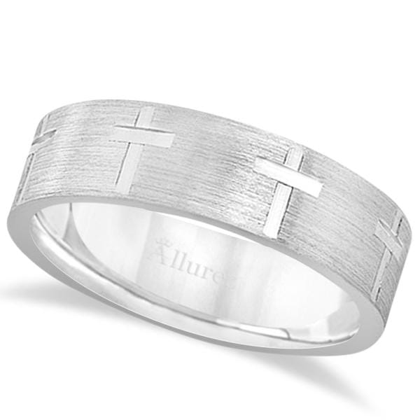 Carved Wedding Band With Crosses in 14k White Gold (7mm)