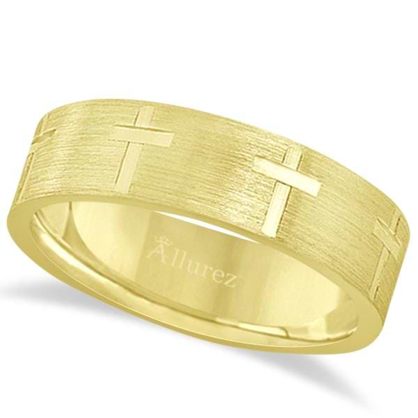 Carved Wedding Band With Crosses in 14k Yellow Gold (7mm)