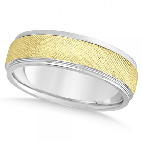 Men's Textured Inlay Wedding Ring Wide Band 14k Mixed Metal Gold 7mm