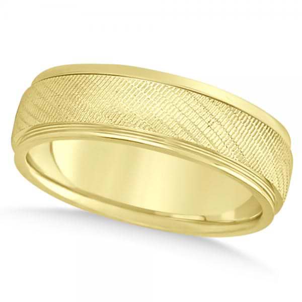 Men's Textured Inlay Wedding Ring Wide Band 14k Yellow Gold 7mm
