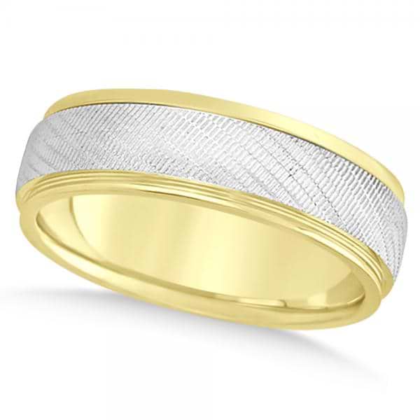 Men's Textured Inlay Wedding Ring Wide Band 14k Mixed Metal Gold 7mm