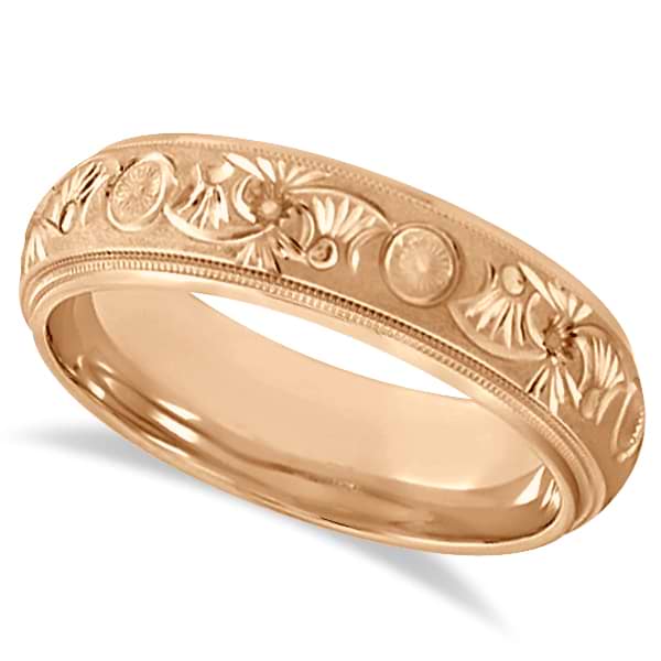 Hand Engraved Floral Wedding Ring in 14k Rose Gold (6mm)