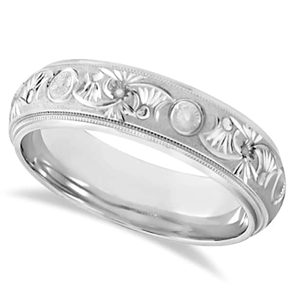 Hand Engraved Floral Wedding Ring in 14k White Gold (6mm)
