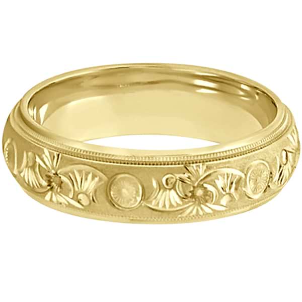 Hand Engraved Floral Wedding Ring in 14k Yellow Gold (6mm)