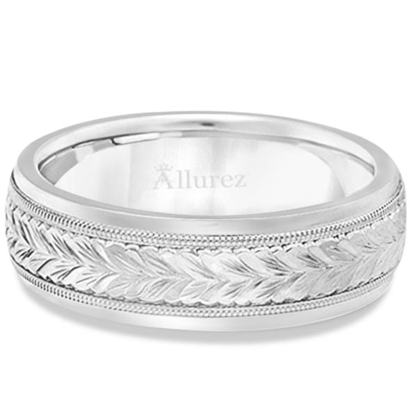 Hand Engraved Wedding Band Carved Ring in 14k White Gold (4.5mm)