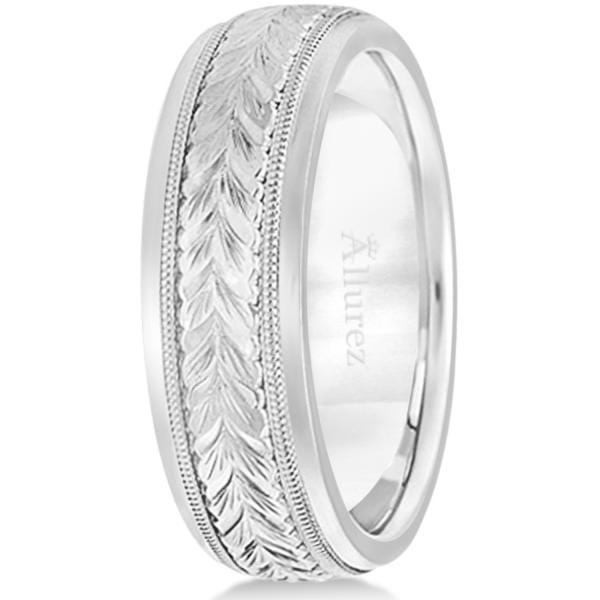 Hand Engraved Wedding Band Carved Ring in 14k White Gold (4.5mm)