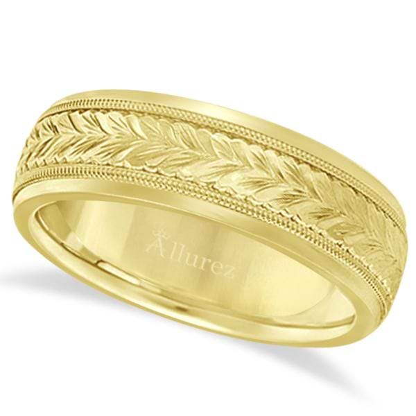 Hand Engraved Wedding Band Carved Ring in 14k Yellow Gold (4.5mm)