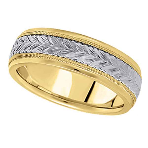 Hand Engraved Two Tone Wedding Band Carved Ring in 14k Gold(4.5mm)