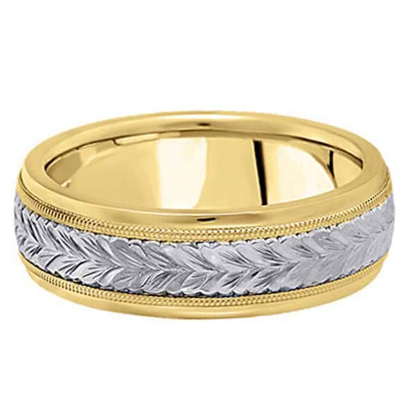 Hand Engraved Two Tone Wedding Band Carved Ring in 14k Gold(4.5mm)