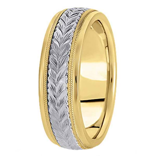Hand Engraved Two Tone Wedding Band Carved Ring in 14k Gold(4.5mm)